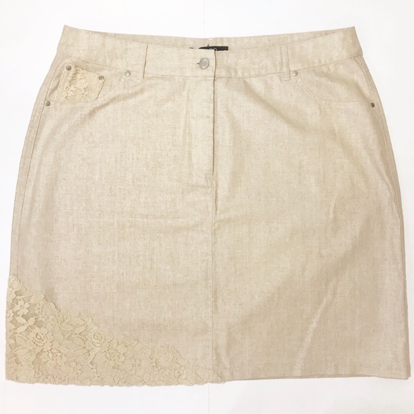 Linen Blend Mini Skirt Khaki Tan Lace New Plus 16 - Picture 1 of 7